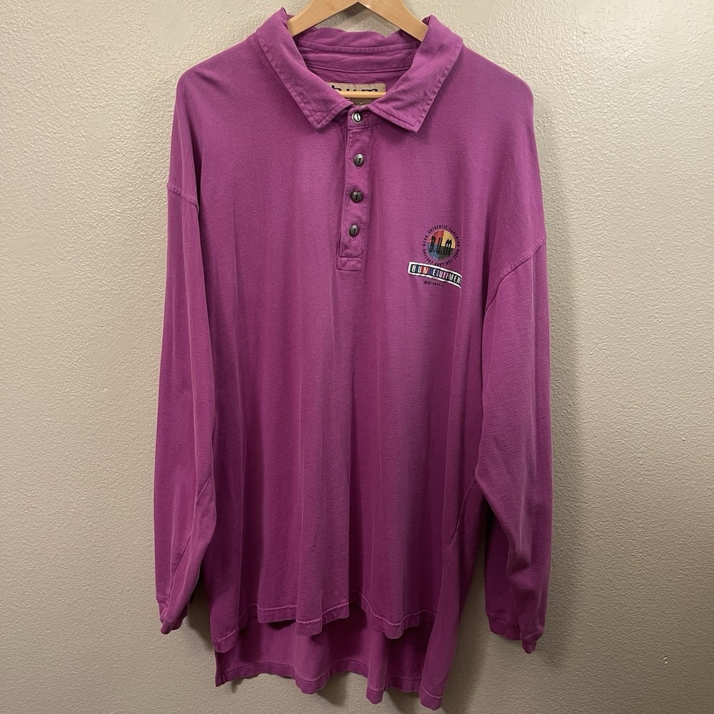 Vintage B.U.M. Equipment Long Sleeve Polo Shirt Oversized Y2K 90s Fuchsia Sz L